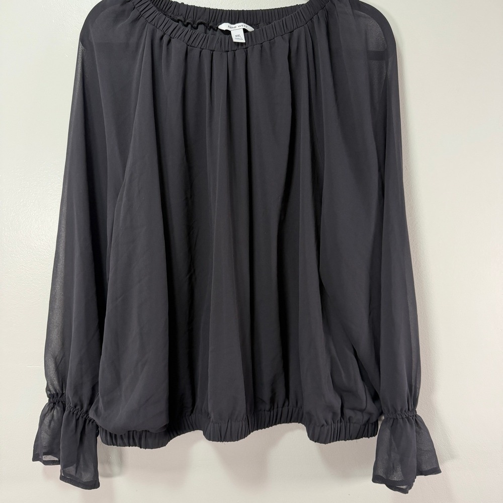 Nine West Womens XXL Black Chiffon Long Sleeve Ruffle Cuff Blouson Blouse Top